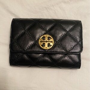 Tory Burch Black Quilted Wallet with Gold Emblem